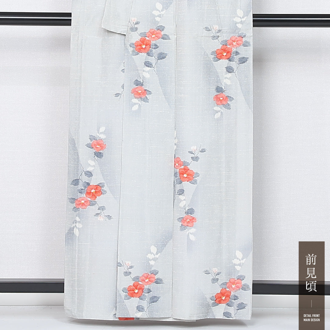 真綿紬 単衣 身丈160cm 裄丈63cm 正絹 Sランク カジュアル バチ衿 Lサイズ 椿 水色系 M4 1223-12178