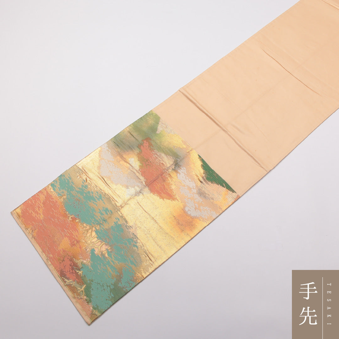 袋帯 帯丈408cm Aランク 六通 正絹 樹木 セミフォーマル クリーム系 1223-01418