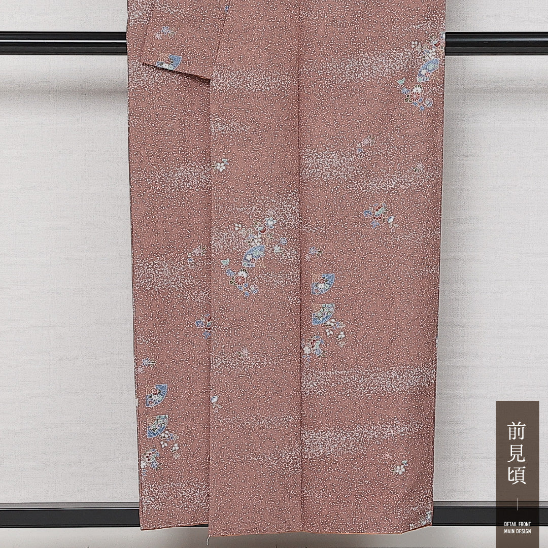洗える着物 小紋 袷 身丈140cm 裄丈60cm ポリエステル Sランク インフォーマル 広衿 XSサイズ 扇 桜 茶系 RP 1221-13582