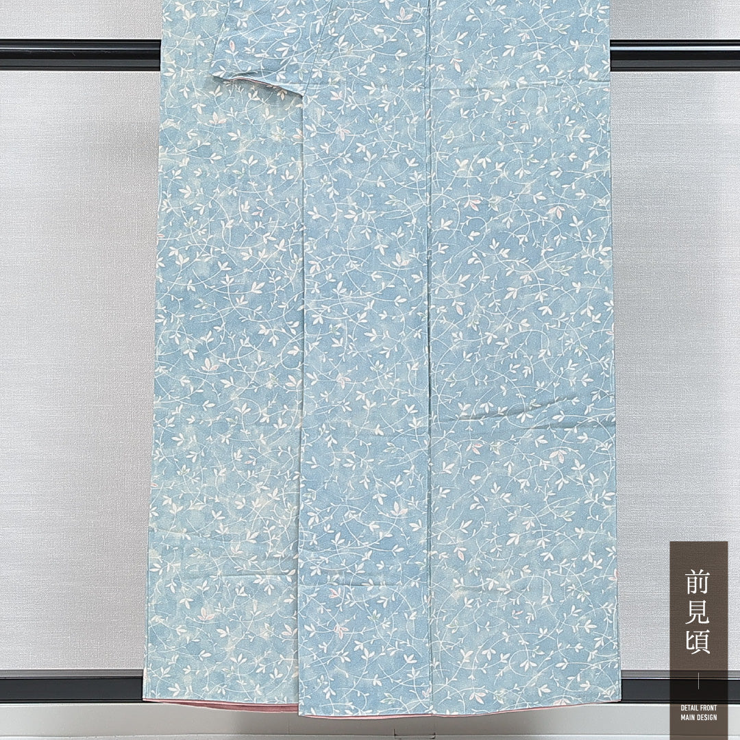 小紋 袷 身丈152cm 裄丈60cm 正絹 Aランク Sサイズ 広衿 インフォーマル 植物柄 水色系 1215-14860