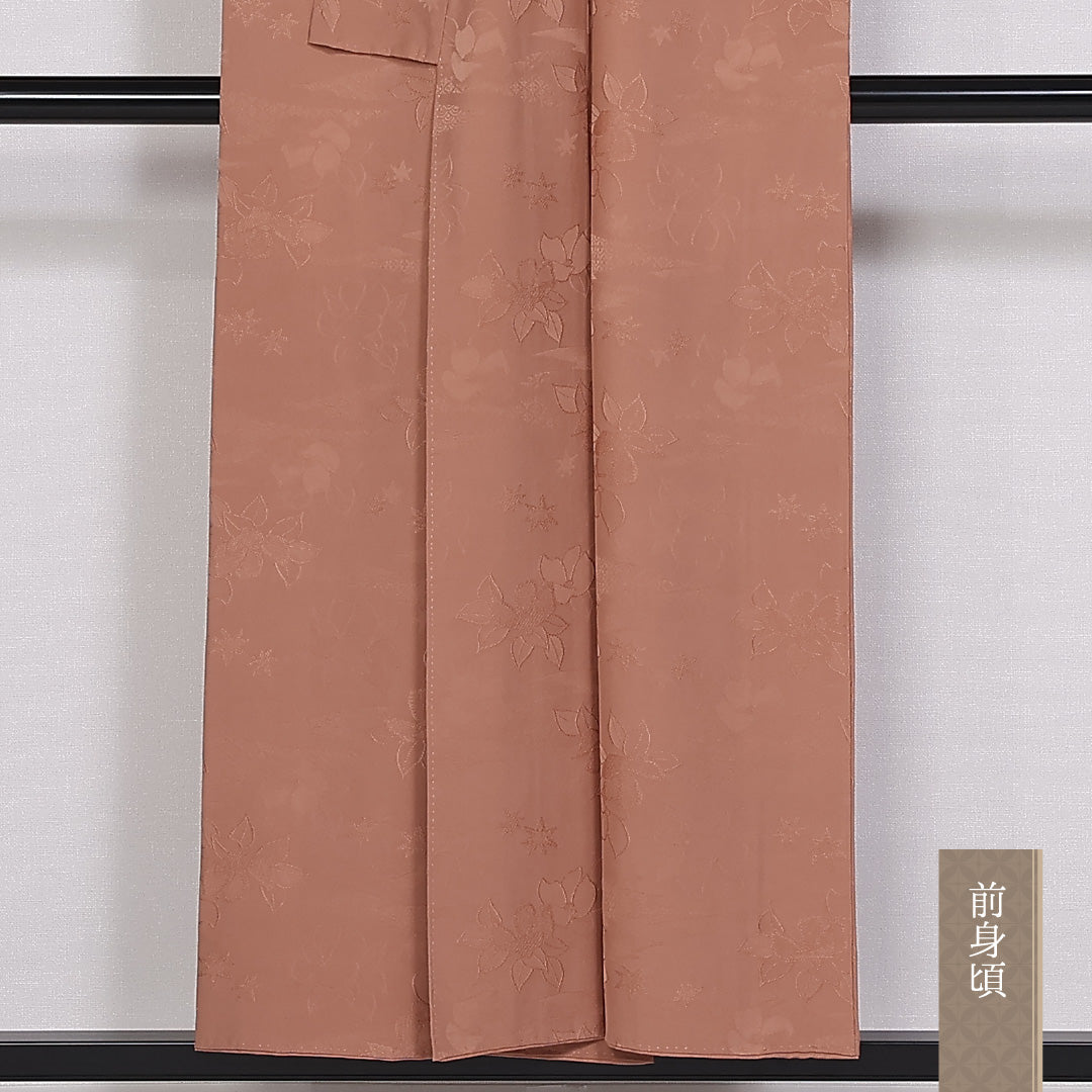 色無地 身丈151cm 裄丈62.5cm Sランク 袷 正絹 広衿 椿 地紋あり 1214-10062