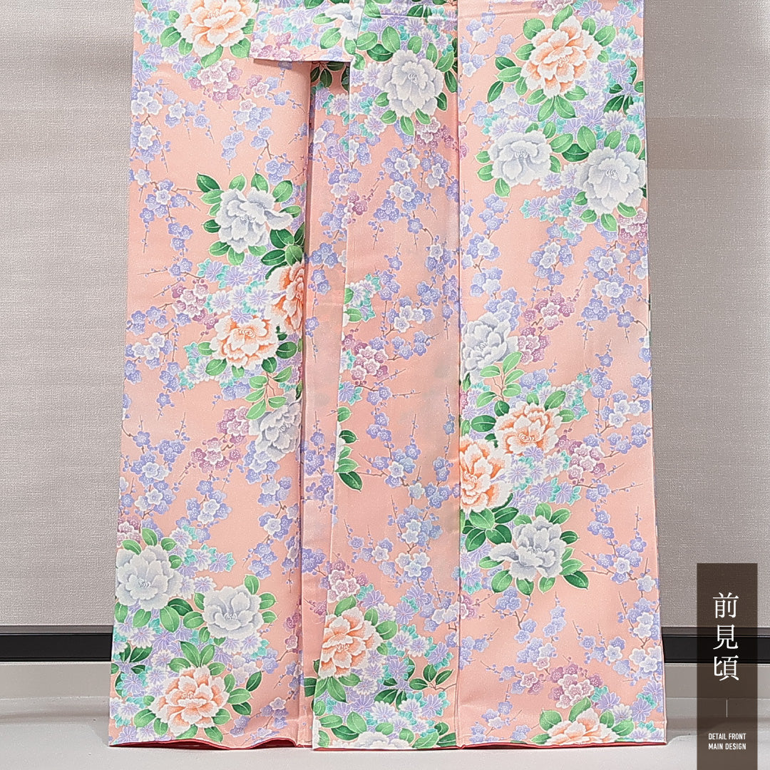 新古品 小紋 洗える着物 袷 身丈164cm 裄丈65cm ポリエステル Nランク Lサイズ 広衿 インフォーマル 牡丹 梅 しつけ糸 ピンク系 1215-14818