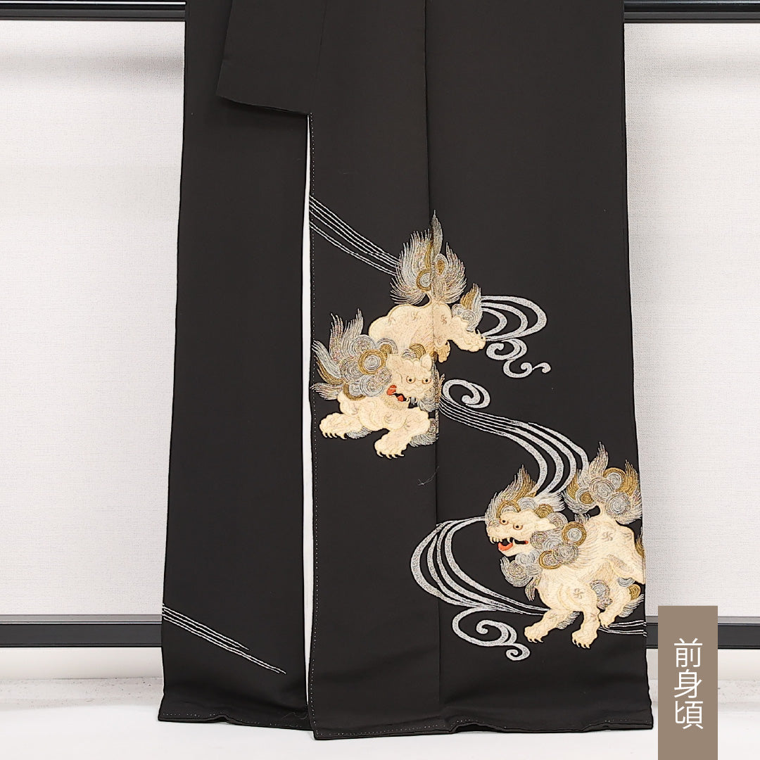 黒留袖 五つ紋 花菱 身丈164cm 裄丈64cm Aランク ポリエステル 洗える着物 袷 比翼 広衿 L 刺繍 唐獅子 フォーマル 独創的 重厚感 黒系 1211-F0579