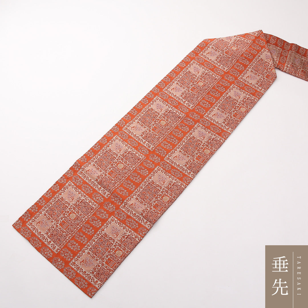 九寸名古屋帯 Sランク 帯丈330cm 正絹 全通 名古屋仕立て 織り カジュアル 植物柄 朱系 LP 1245-02306