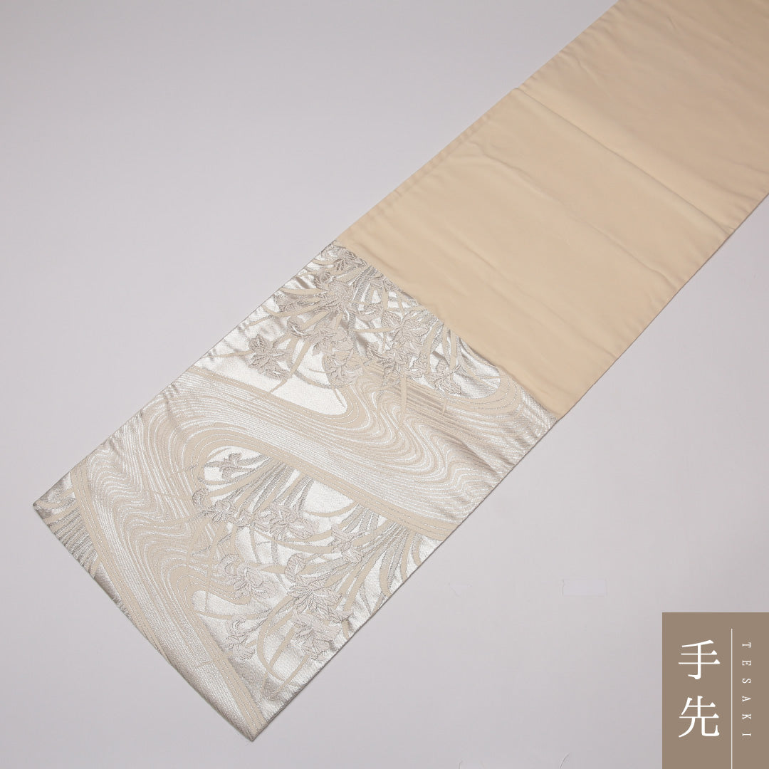 袋帯 帯丈432cm 正絹 六通 セミフォーマル 流水 菖蒲 銀系 クリーム系 1243-01297