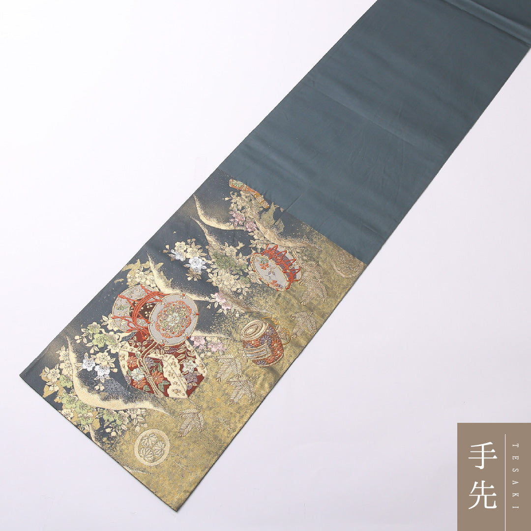 袋帯 帯丈428cm 六通 フォーマル Sランク 正絹 楽器 古典的 重厚感 緑系 1223-01494