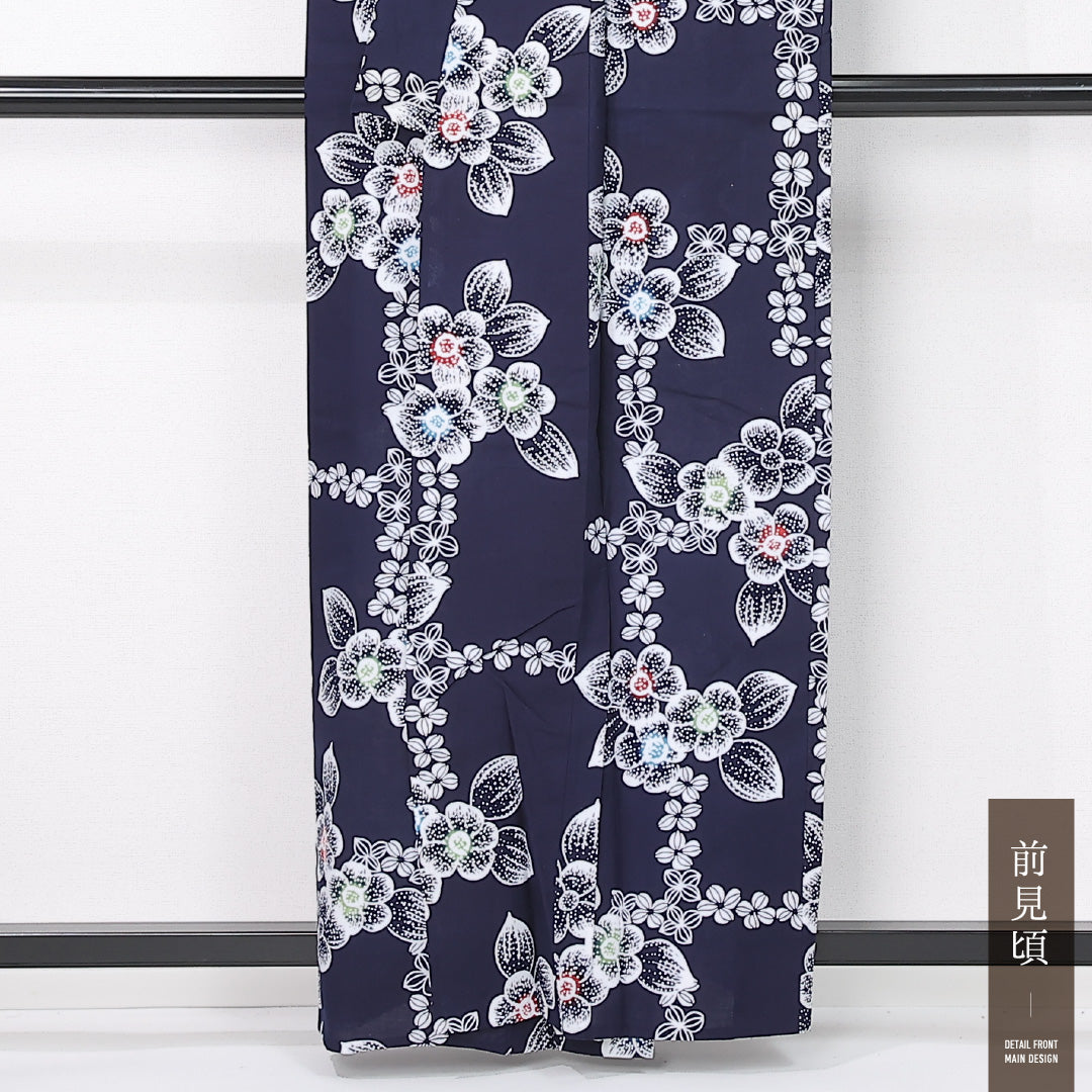 夏物 浴衣 身丈159cm 裄丈61.5cm Sランク M 木綿 洗える着物 夏物 バチ衿 肩当て 椿 カジュアル 紺系 1218-12458