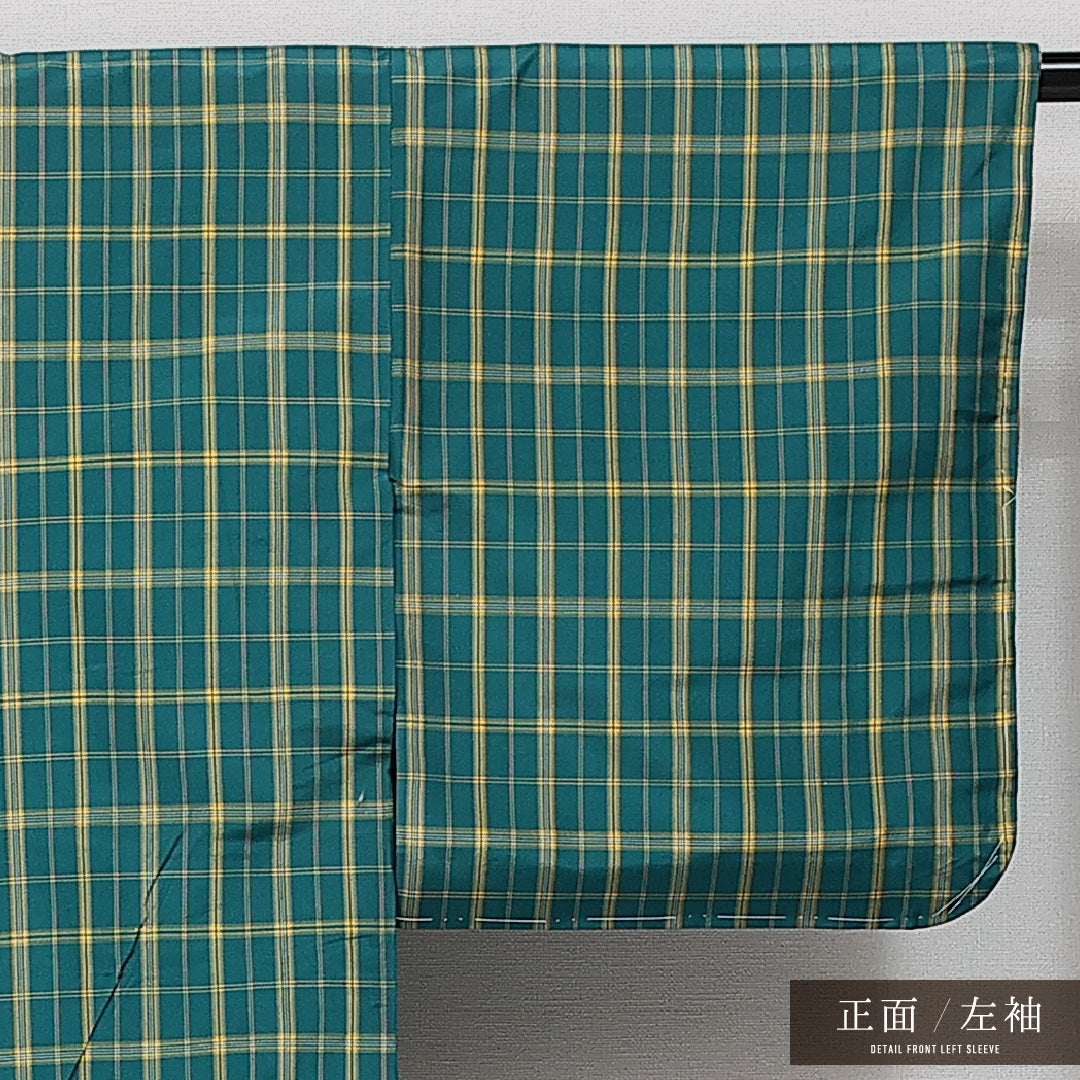 アンサンブル 紬 袷 身丈158cm 裄丈60cm 正絹 Aランク カジュアル 広衿 Mサイズ 格子 緑系 RP 1223-14516
