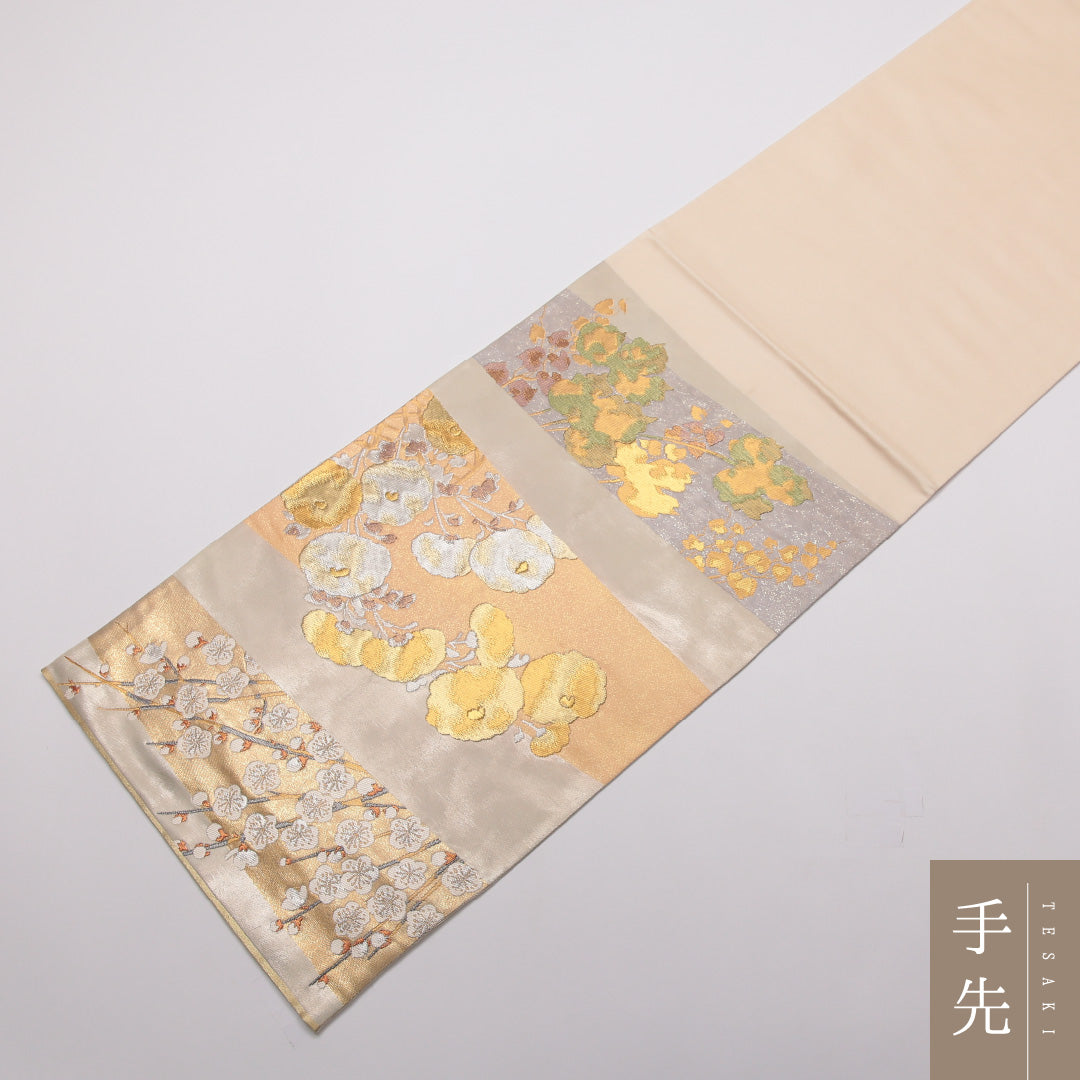 袋帯 六通 帯丈444cm フォーマル Sランク 正絹 琳派 梅 柏 橘 落款 クリーム系 1223-01451