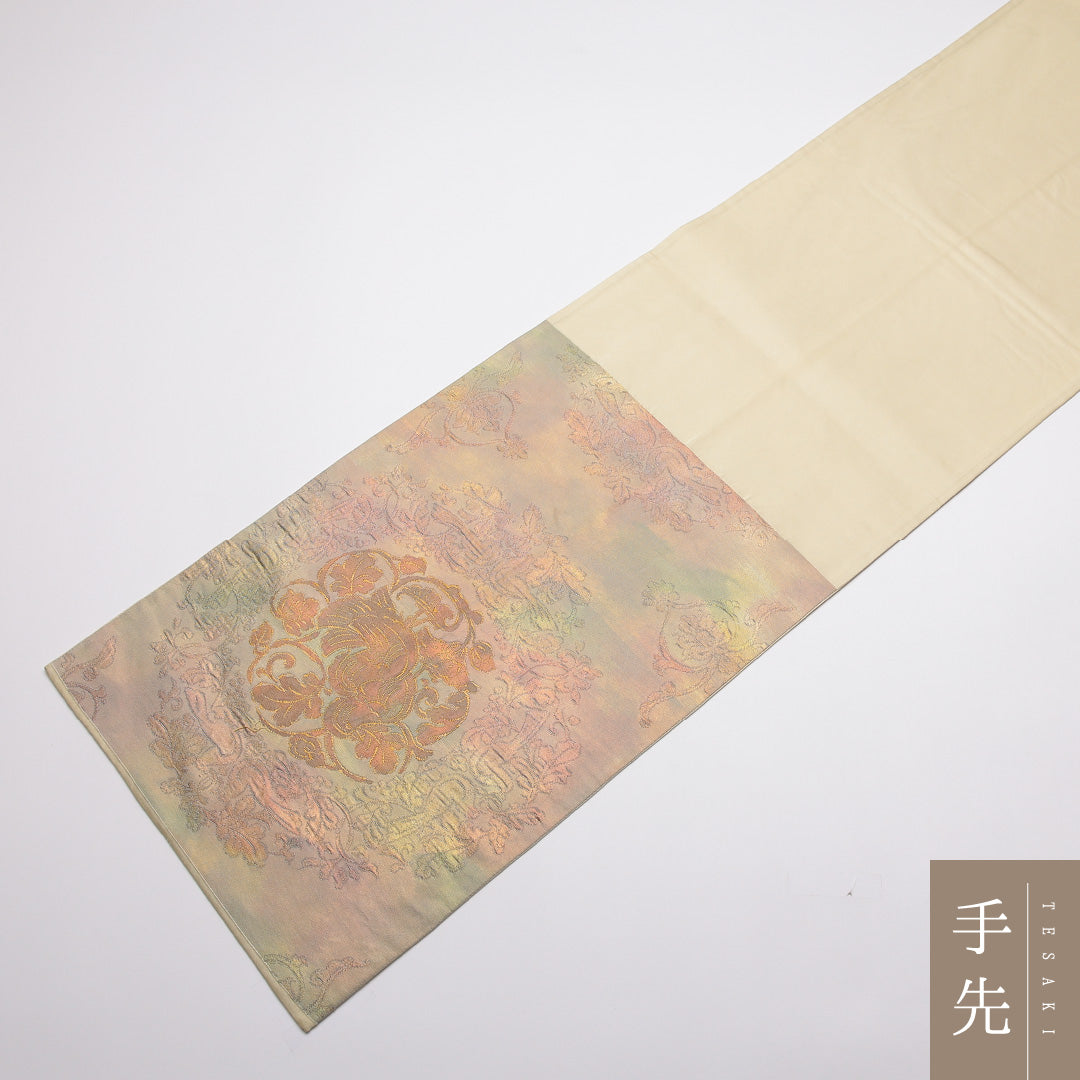 袋帯 帯丈434cm Sランク 全通 正絹 引箔 鳳凰 アラベスク セミフォーマル ベージュ系 鳳凰 1223-01396