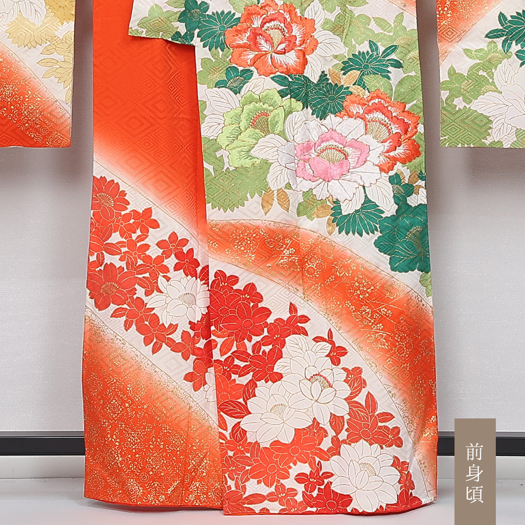 振袖 身丈157cm 裄丈64.5cm Sランク 袷 正絹 XL 広衿 ぼかし 金彩 刺繍 金駒刺繍 吉祥文様 古典柄 牡丹 花柄 朱系 1213-F0429