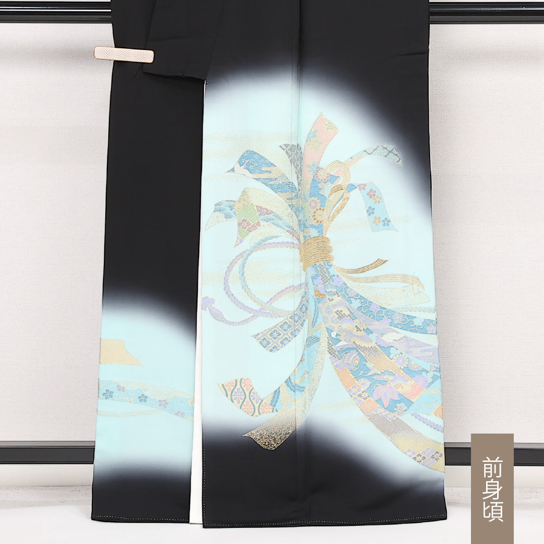 黒留袖 五つ紋 上り藤 身丈163cm 裄丈65.5cm Aランク 正絹 袷 比翼 広衿 L 熨斗 フォーマル 古典的 清楚 黒系 1211-F0585