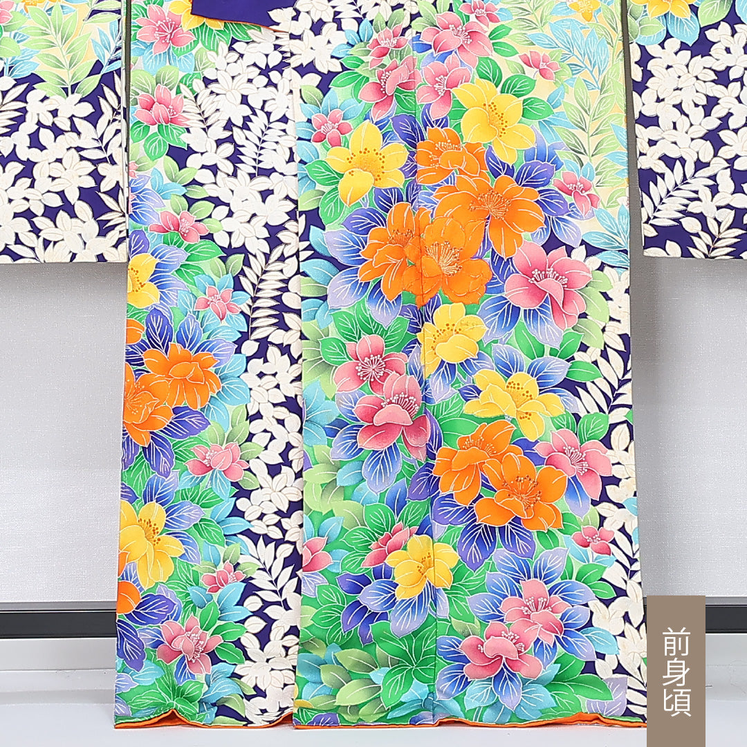 振袖 身丈166cm 裄丈67.5cm Cランク 袷 正絹 XS 広衿 モダン 花柄 ボタニカル 青系 1213-F0447