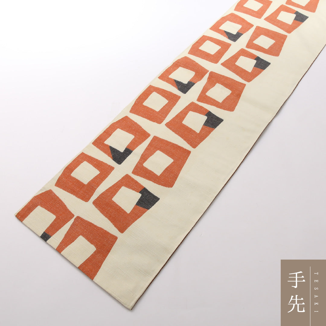 袋帯（紬） 帯丈442cm 正絹 全通 カジュアル 創作柄 クリーム系 1243-01673