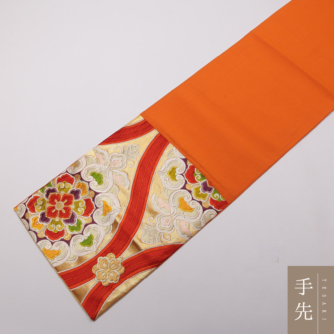 袋帯 帯丈412cm 正絹 六通 フォーマル 唐織 宝相華 立涌 朱系 1243-01442