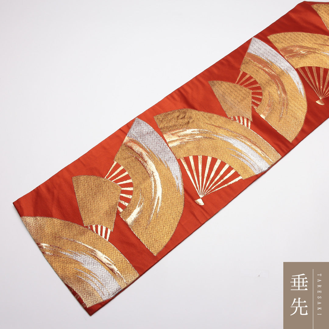九寸名古屋帯 帯丈342cm 正絹 全通 名古屋仕立て 織り セミフォーマル 金箔 銀箔 扇 朱系 GP 1245-01862