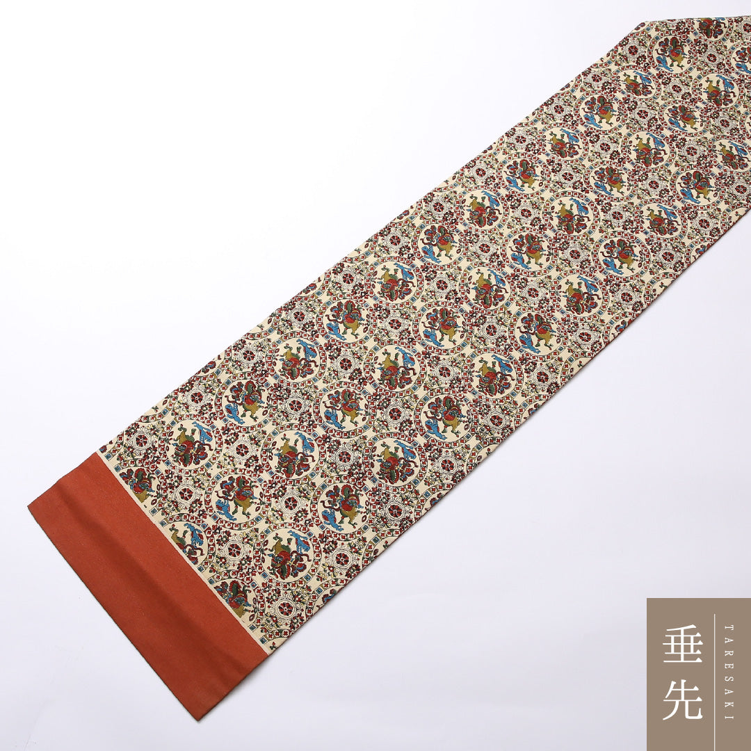 九寸名古屋帯 Sランク 帯丈373cm 正絹 全通 名古屋仕立て 染め インフォーマル 狩猟文 名物裂 連珠文 クリーム系 RP 1245-02512
