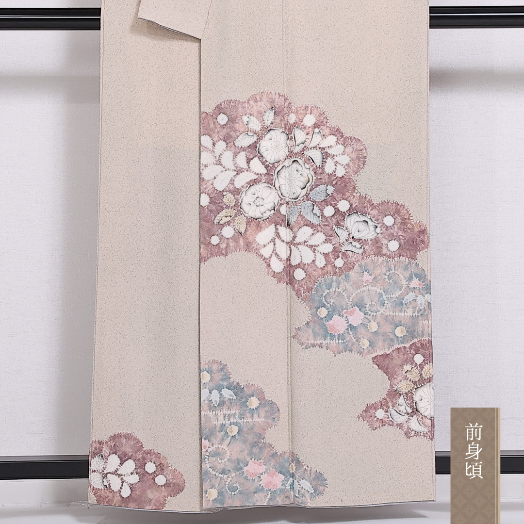 訪問着 袷 身丈157cm 裄63cm 正絹 部分絞り 手描き ちりめん Bランク 1212-00835