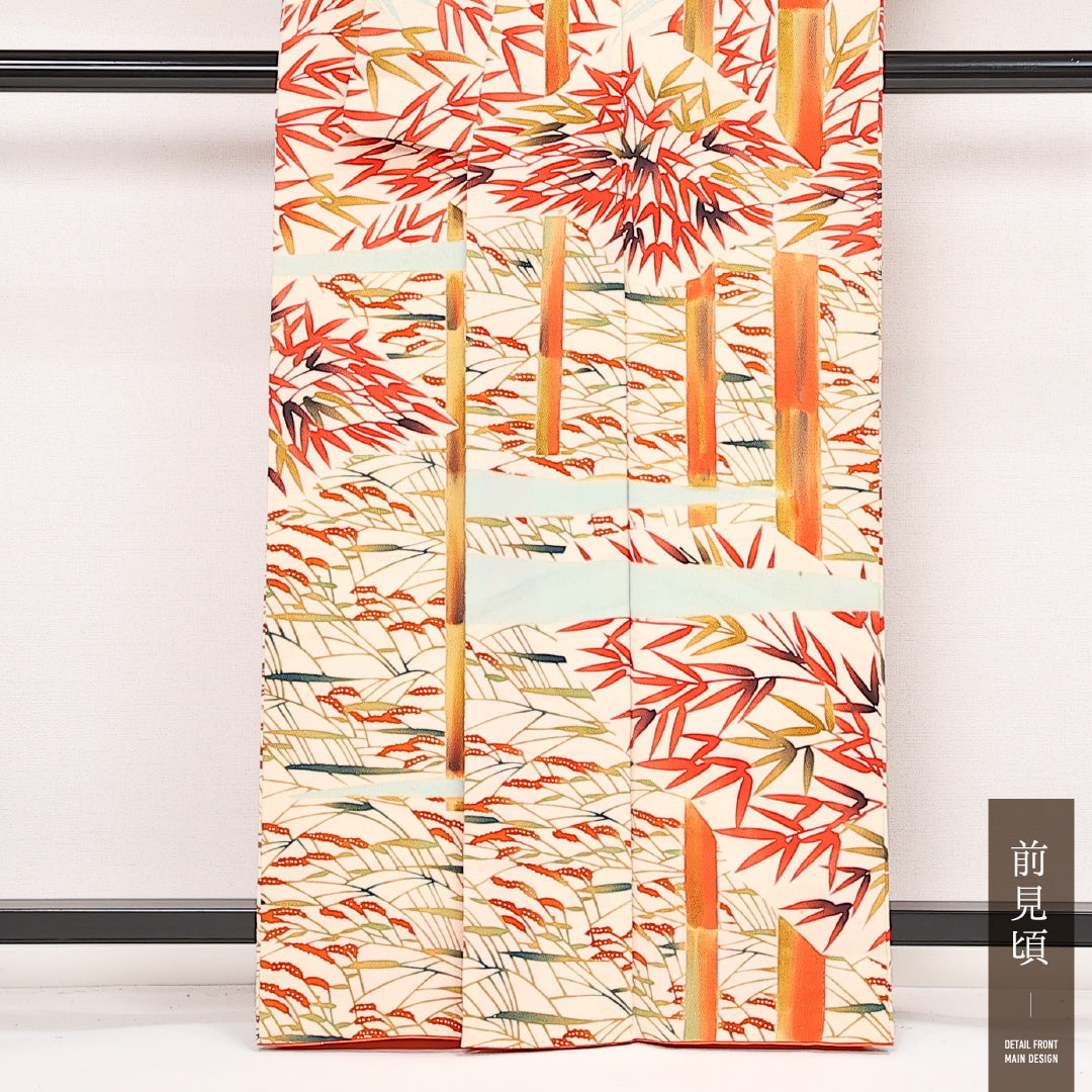 小紋 袷 身丈161cm 裄丈63cm 正絹 Aランク インフォーマル 広衿 Lサイズ 笹 クリーム系 HP 1221-13390