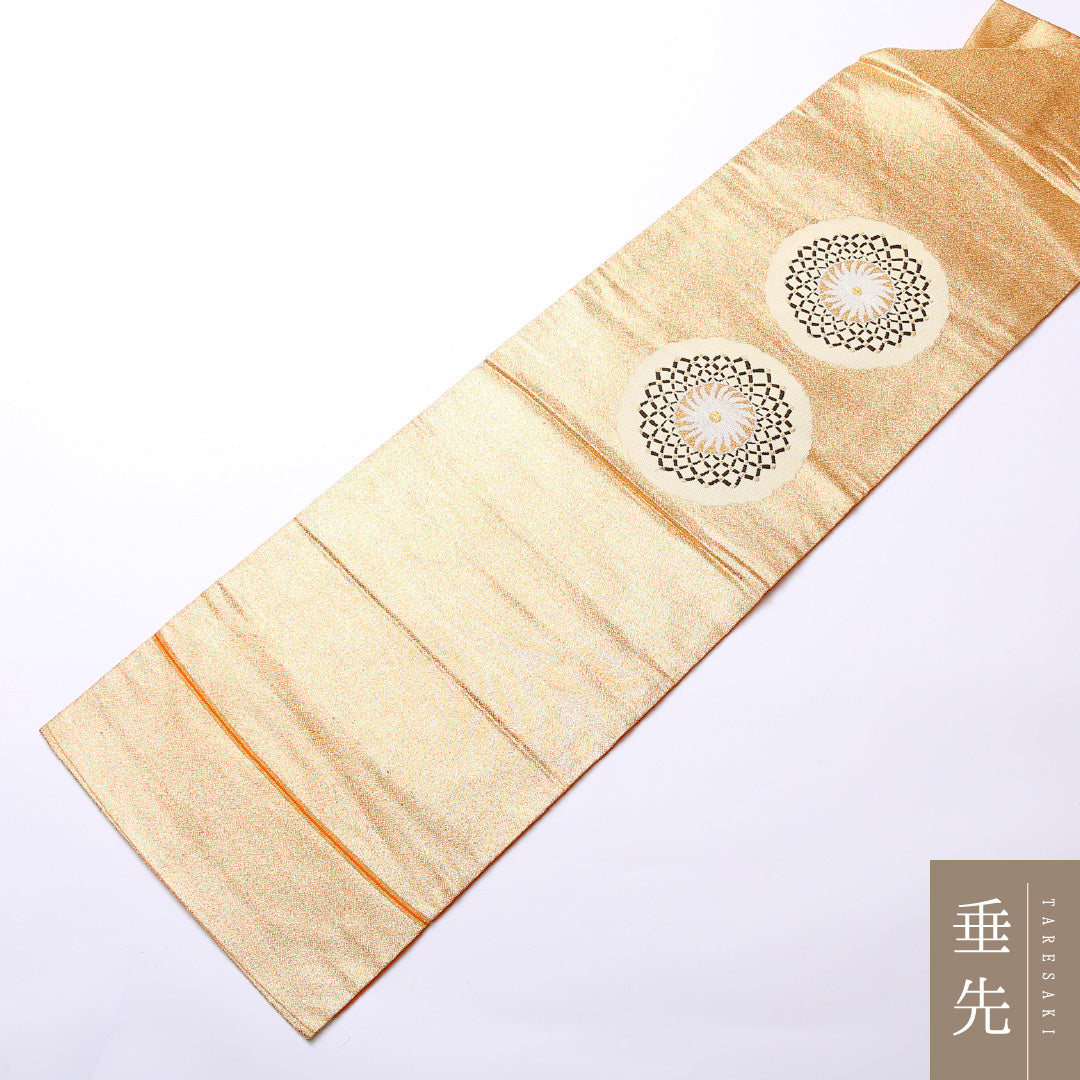 九寸名古屋帯 Aランク 帯丈342cm 正絹 ポイント柄 名古屋仕立て 織り セミフォーマル 綴れ織 創作柄 金系 RP 1245-02507