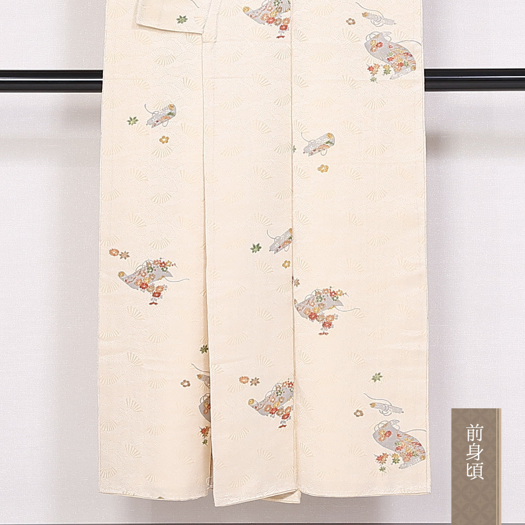 小紋 身丈145cm 裄丈62cm Sランク 袷 正絹 広衿 扇子 巻物 古典柄 1215-10004