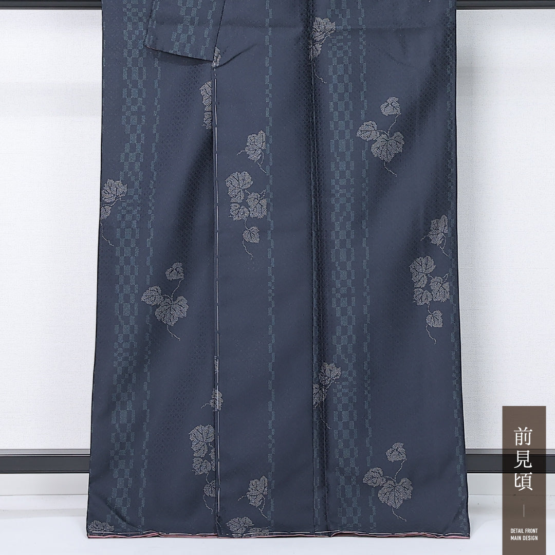 洗える着物 小紋 袷 身丈166cm 裄丈67cm ポリエステル Sランク インフォーマル 広衿 XLサイズ 市松 植物柄 紺系 RP 1221-12365