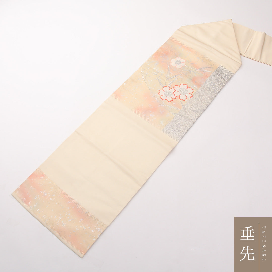 九寸名古屋帯 Sランク 帯丈353cm 正絹 ポイント柄 名古屋仕立て 織り セミフォーマル 桜 クリームに近い淡いピンク系 RP 1245-02313