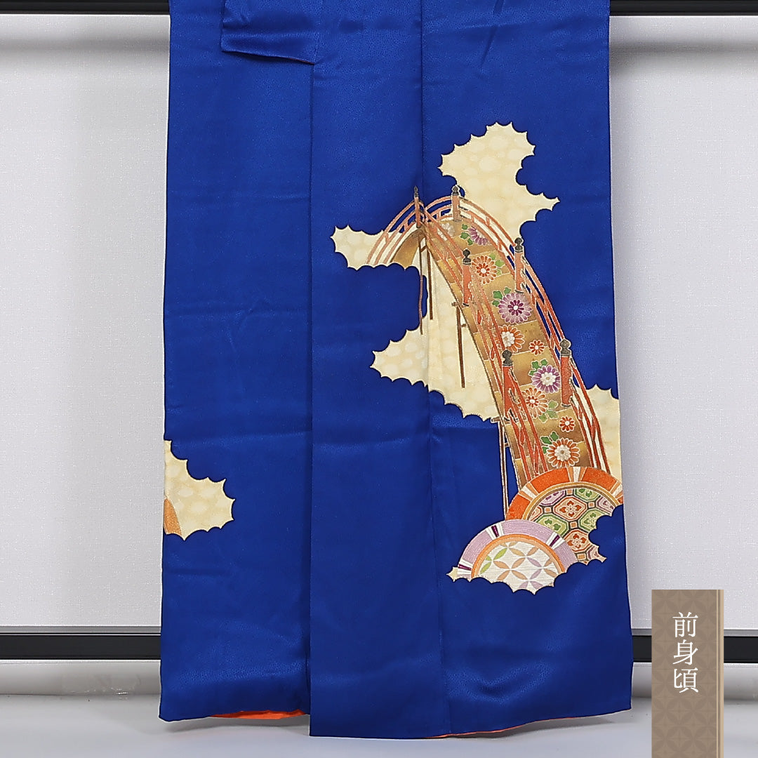 訪問着 袷 身丈161cm 裄丈65cm 正絹 Sランク セミフォーマル 広衿 Lサイズ やまと 橋 吉祥文様 青系 RP 1217-04777