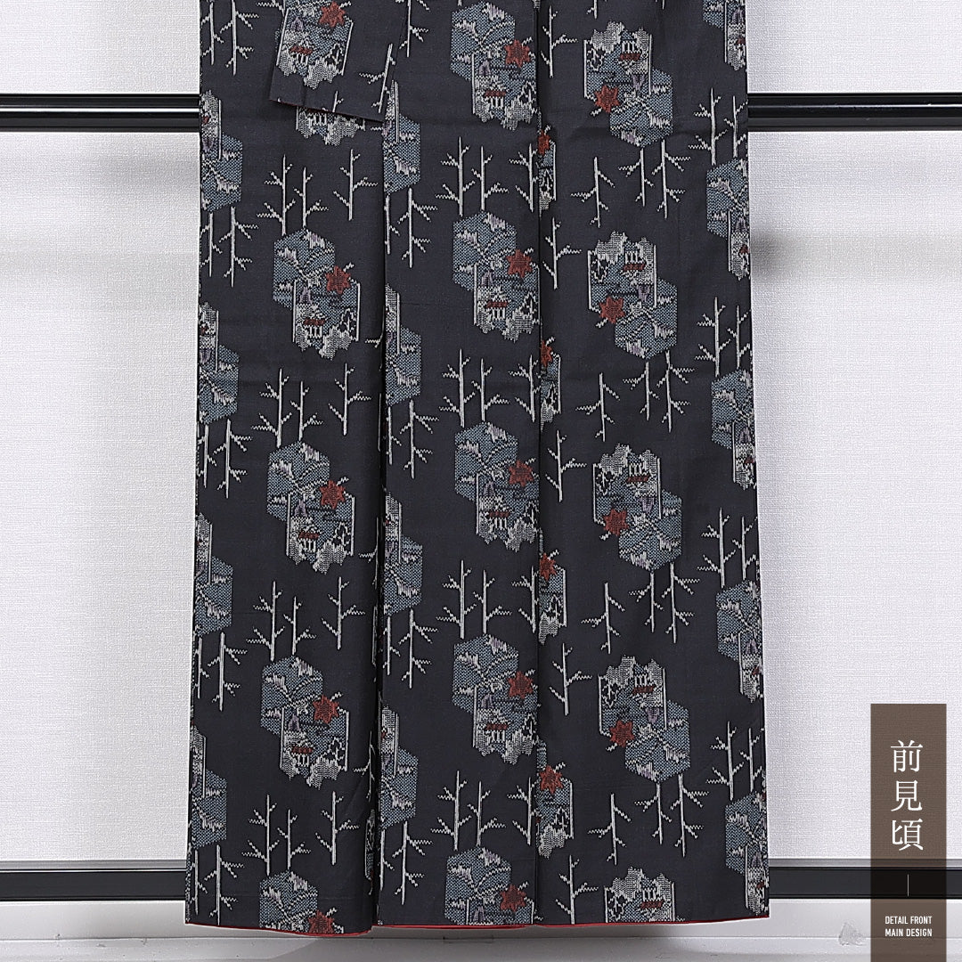 大島紬 袷 身丈156cm 裄丈65cm 正絹 Sランク インフォーマル 広衿 Mサイズ 紅葉 黒系 RP 1223-11237