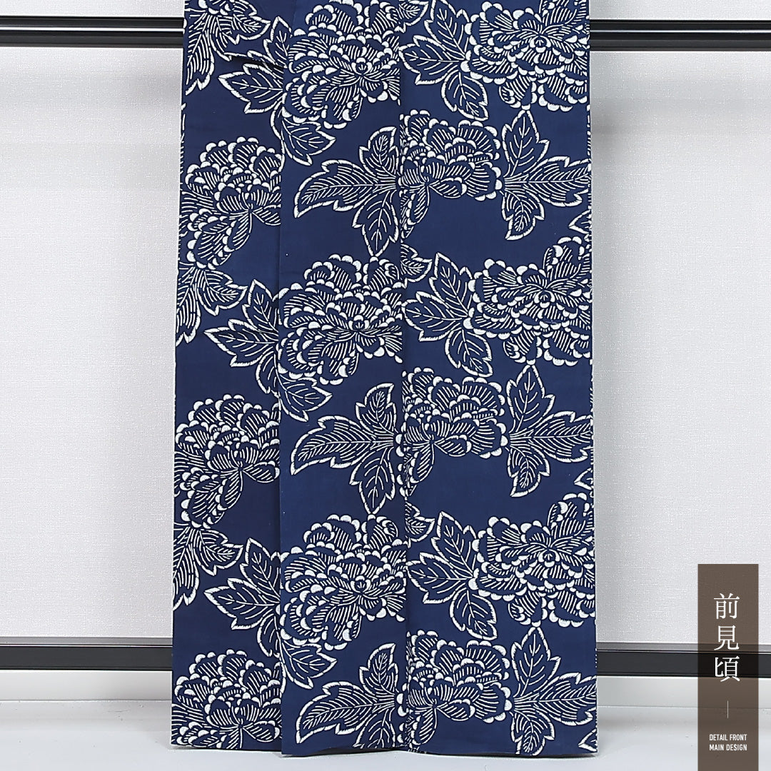 小紋 身丈162cm 裄丈68cm Sランク L 麻 洗える着物 単衣 バチ衿 牡丹 カジュアル 紺系 1215-12166