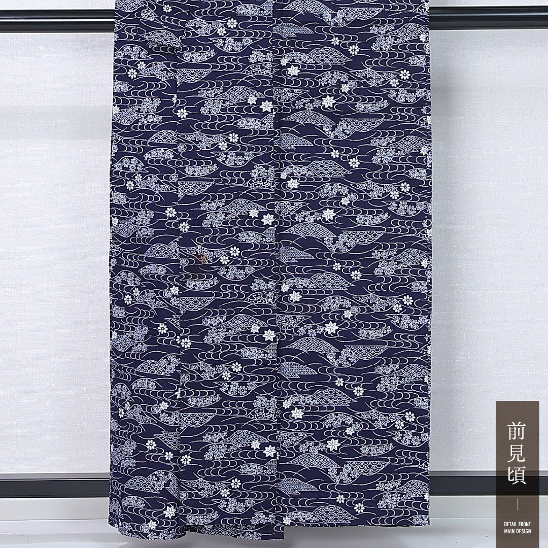 浴衣 身丈159cm 裄丈62cm Bランク M 木綿 洗える着物 単衣 バチ衿 観世水 青海波 菊 楓 カジュアル 紺系 1218-12300