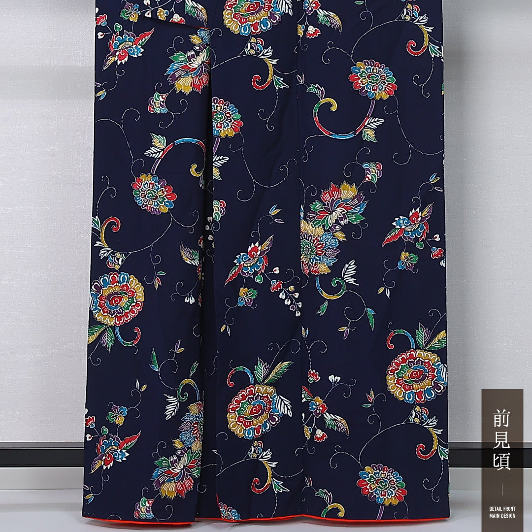 小紋 身丈162cm 裄丈65cm Sランク L 正絹 袷 広衿 菊 牡丹 カジュアル 紺系 1215-12374