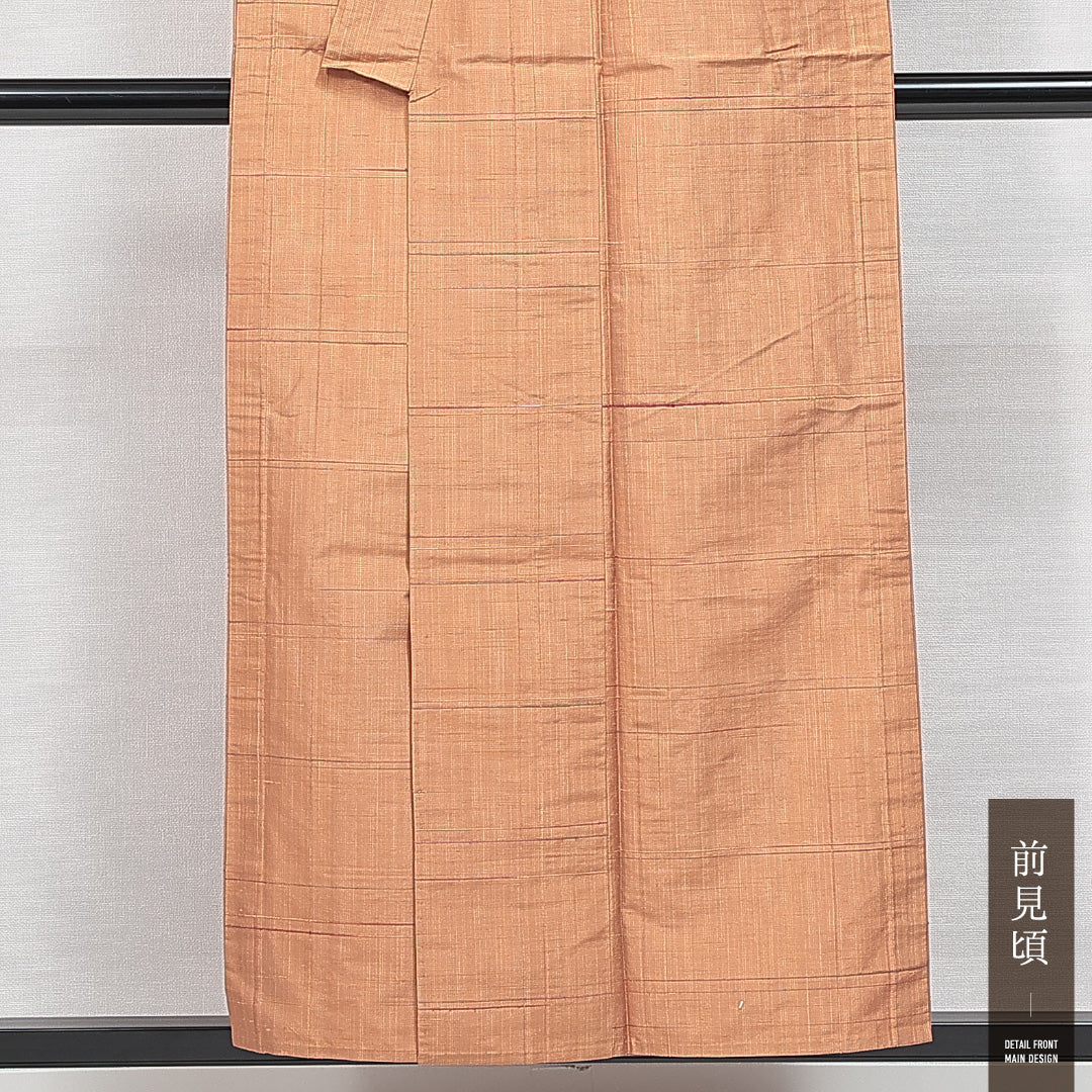 紬 単衣 身丈153cm 裄丈66cm 正絹 Sランク Sサイズ バチ衿 カジュアル 抽象柄 茶系 黄系 1216-14770