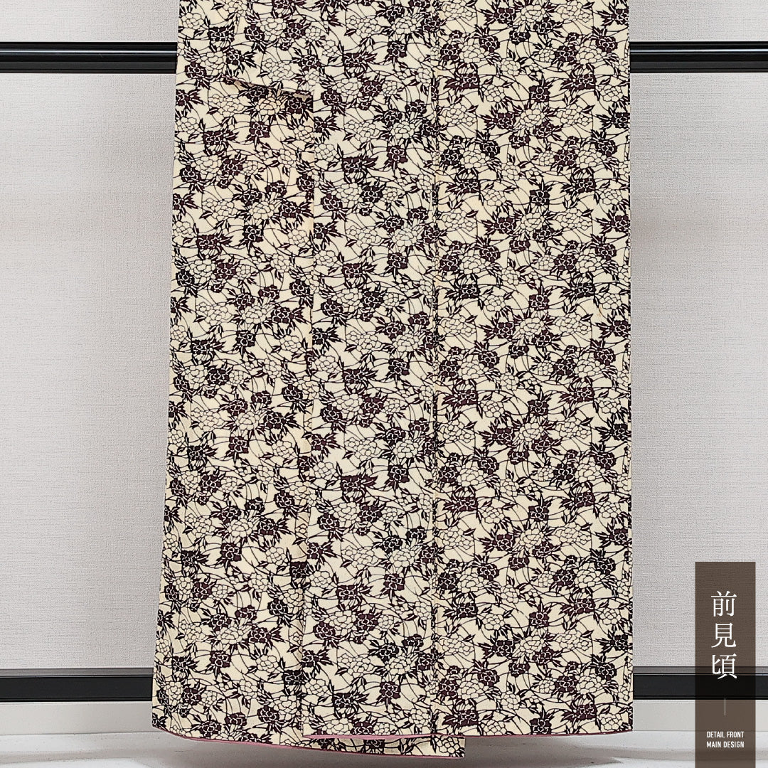 小紋 袷 身丈154cm 裄丈62cm 正絹 Aランク インフォーマル 広衿 Sサイズ 唐草牡丹 クリーム系 HP 1221-14518