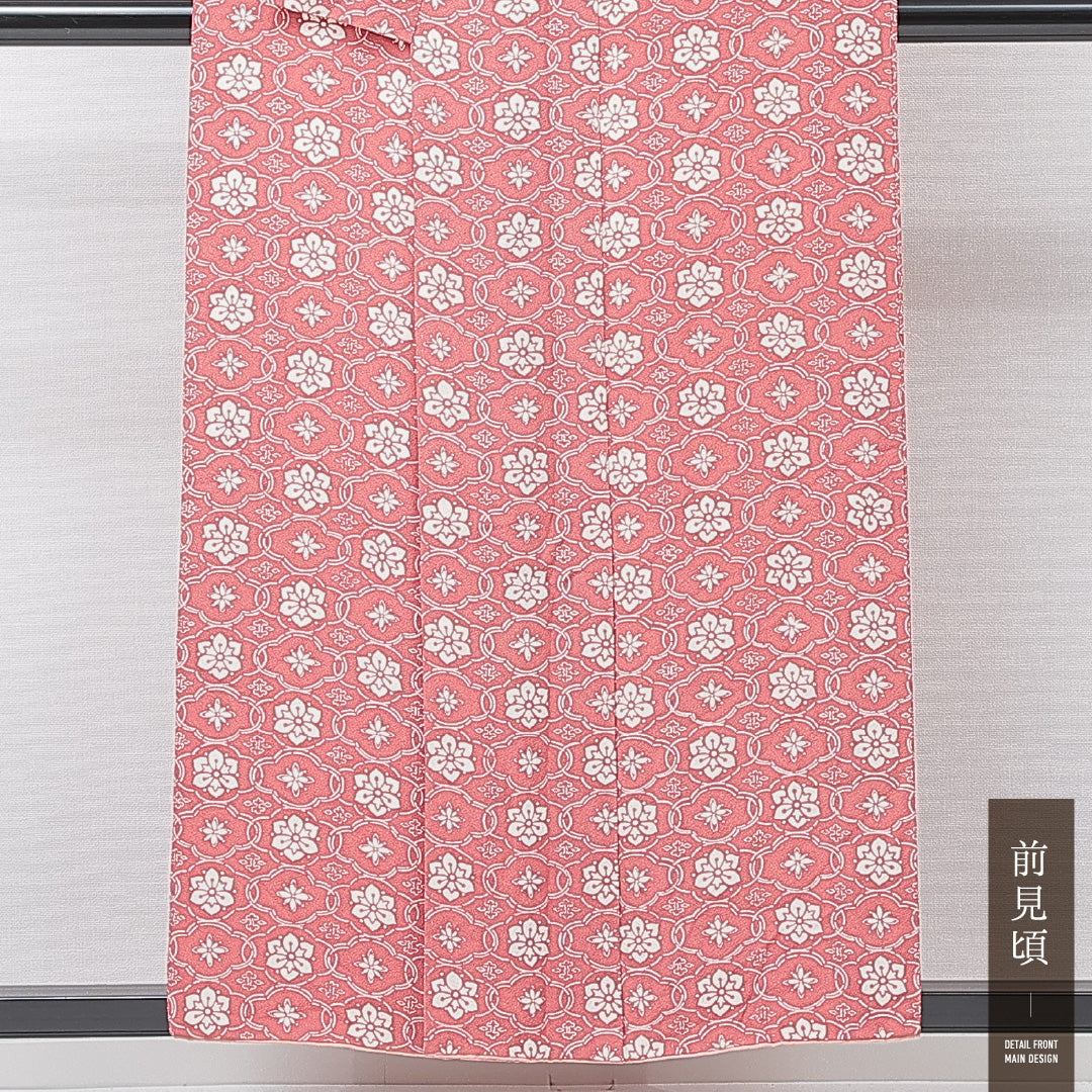 小紋 袷 身丈158cm 裄丈62cm 正絹 Cランク インフォーマル 広衿 Mサイズ 花菱 木瓜 赤系 HP 1221-15241