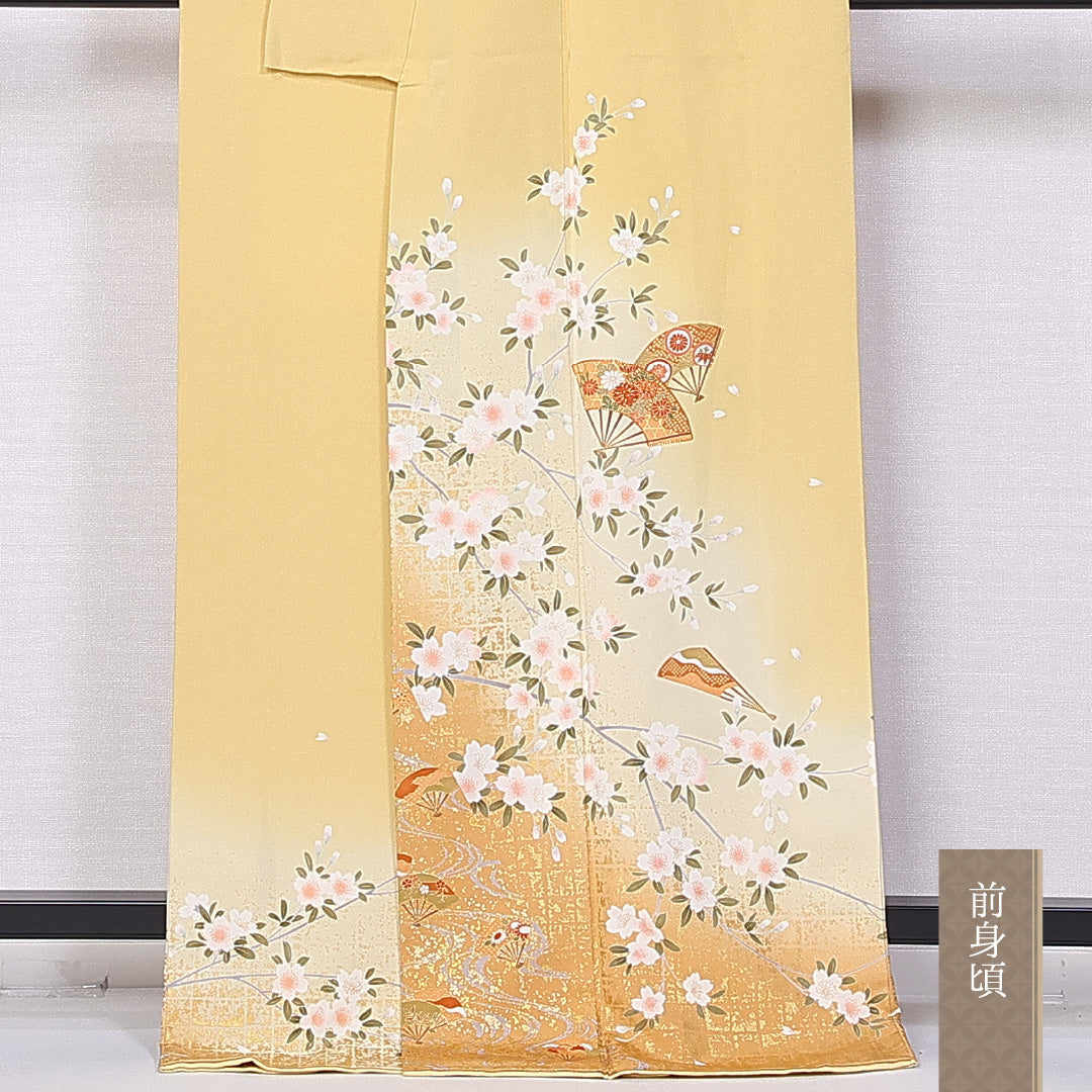 訪問着 身丈167cm 裄丈68.5cm XL 正絹 Sランク 袷 広衿 桜 金駒刺繍 扇 菊 金彩 1212-10866