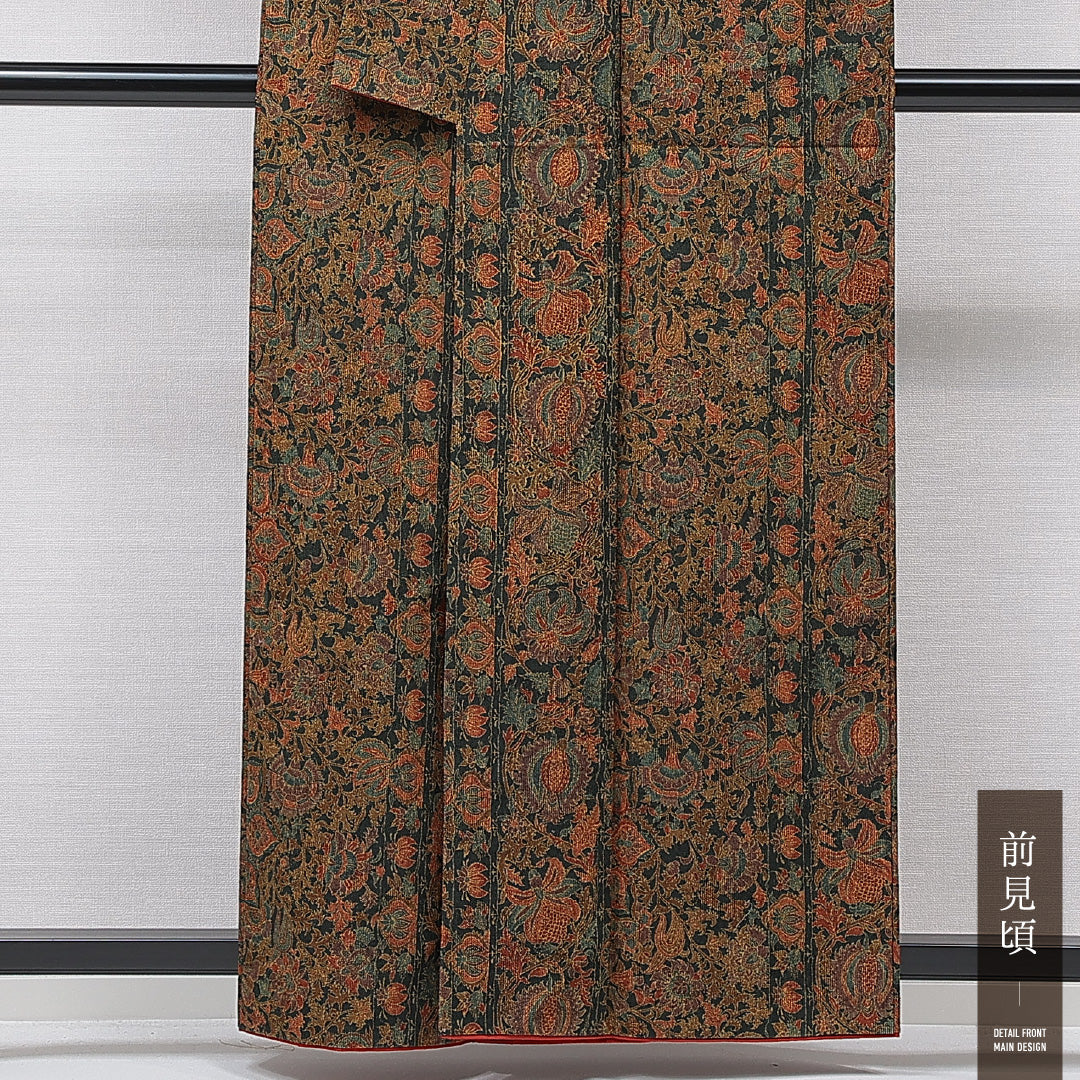 小紋 袷 身丈158cm 裄丈65cm 正絹 Aランク インフォーマル 広衿 Mサイズ 更紗文様 茶系 RP 1221-15621