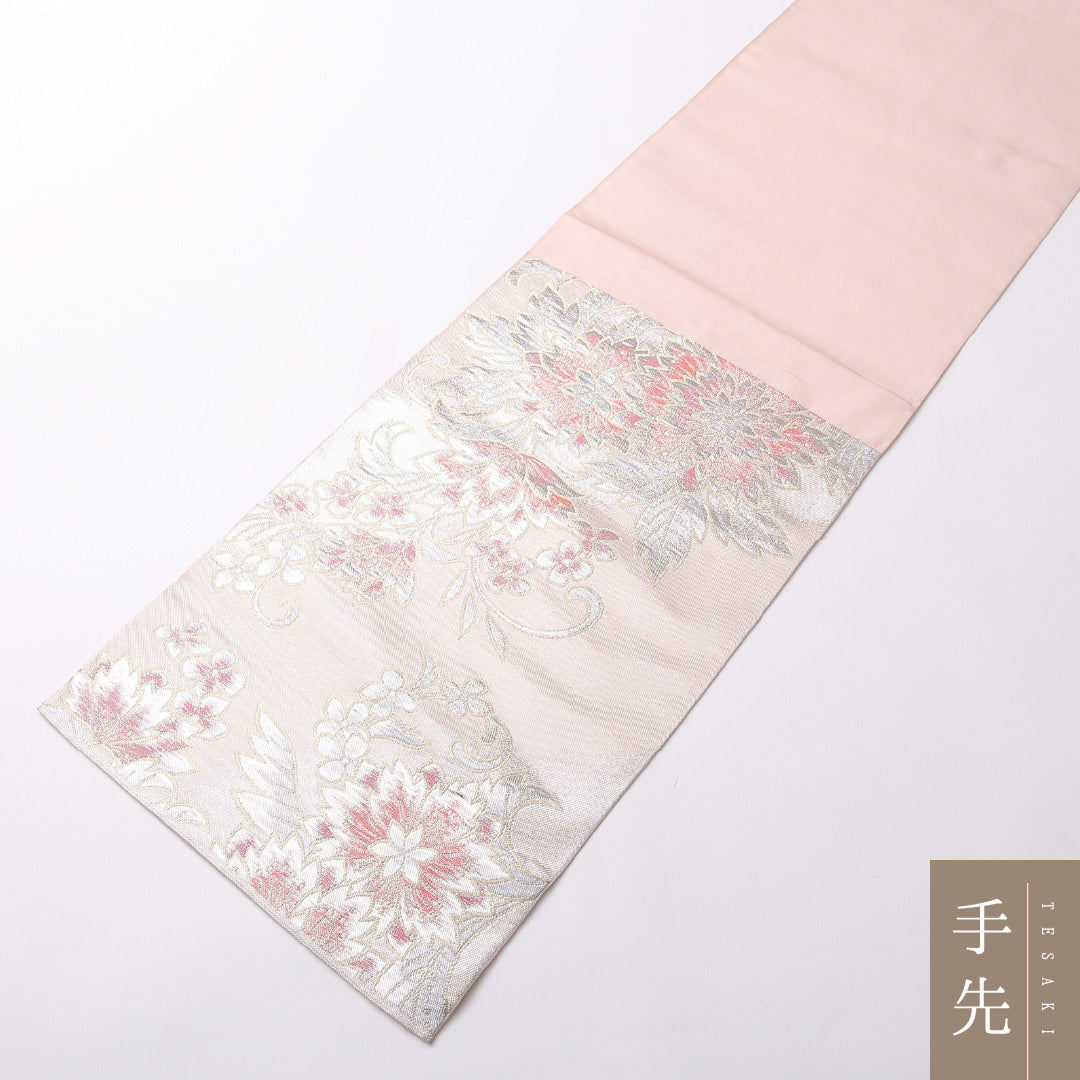 袋帯 帯丈428cm 正絹 六通 フォーマル 綴れ織 唐華 ピンク系 1243-01617