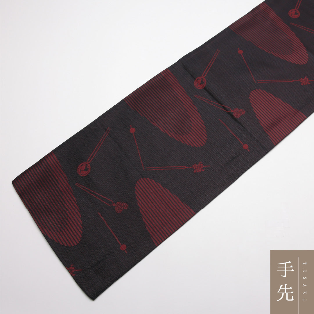夏物 名古屋帯 帯丈364cm Aランク 開き仕立て 全通 ポリエステル 簪 カジュアル 黒系 1224-01904