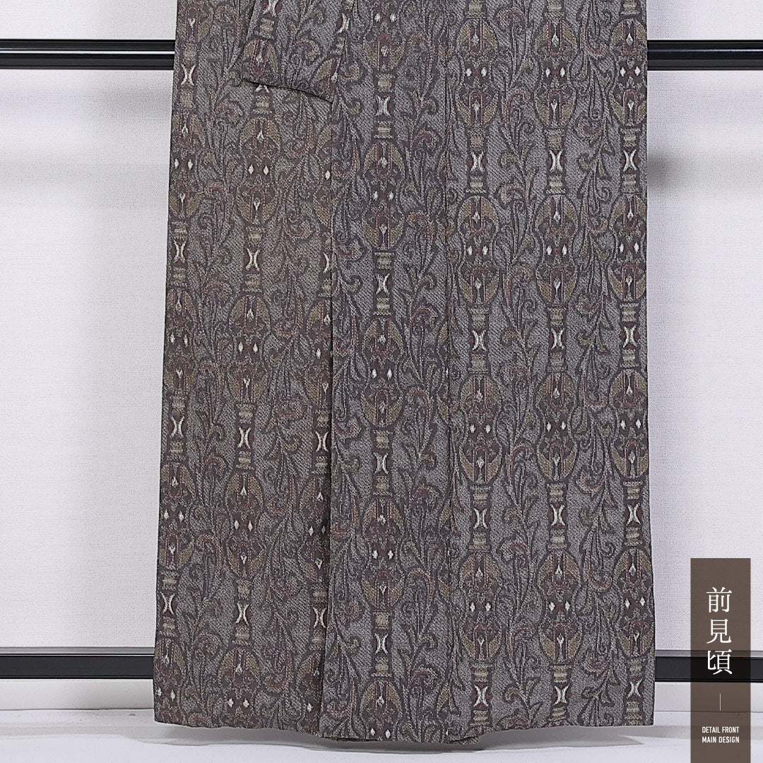 小紋 袷 身丈160cm 裄丈65cm 正絹 Aランク インフォーマル 広衿 Lサイズ アラベスク文様 グレー系 RP 1221-11356