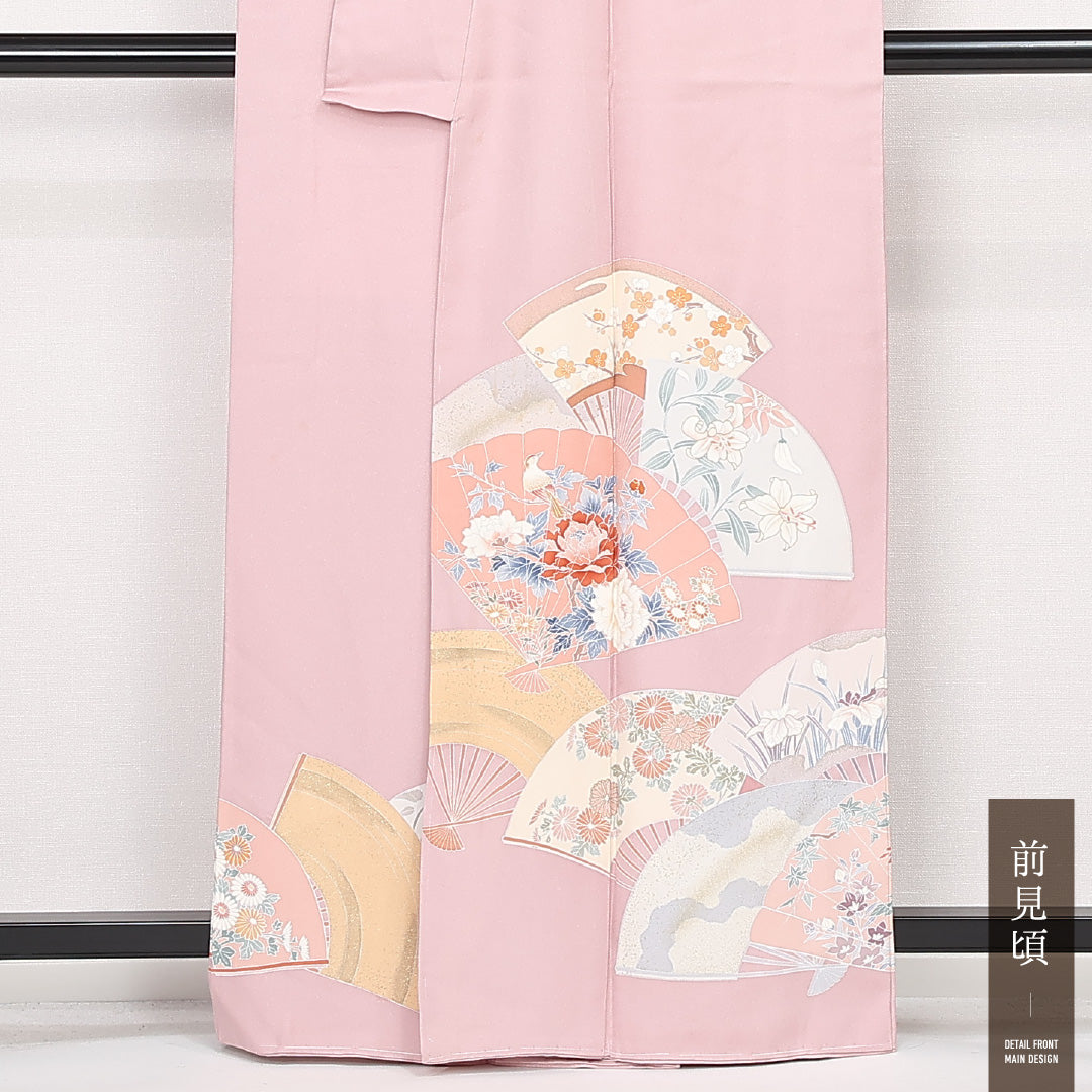 色留袖 三つ紋 違い鷹の羽 身丈162cm 裄丈65cm Aランク 正絹 袷 広衿 L 落款 しつけ糸 吉祥文様 扇 セミフォーマル ピンク系 1211-F0518
