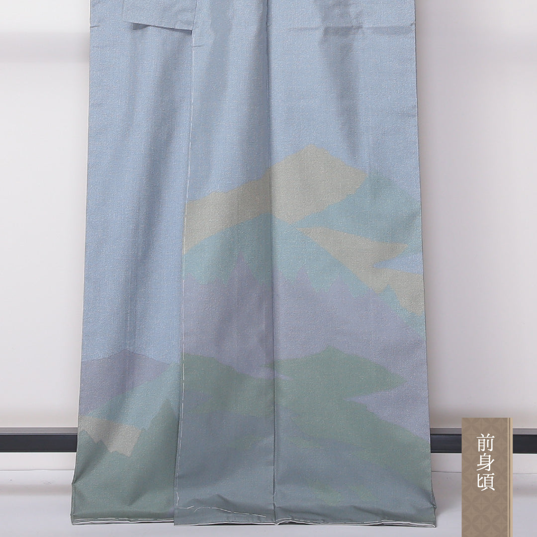 付下げ (大島紬) 袷 身丈169cm 裄丈67cm 正絹 Sランク インフォーマル 広衿 XLサイズ 経緯絣 しつけ糸 山 グレー系 M4 1218-04587