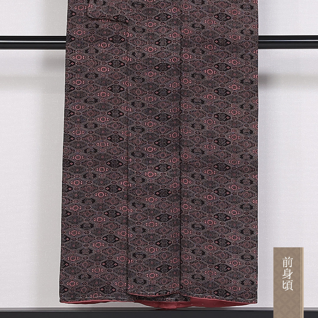 アンティーク 小紋 袷 身丈148cm 裄丈62cm 正絹 Cランク 広衿 XSサイズ 蜀江 ピンク系 M4 1221-10016