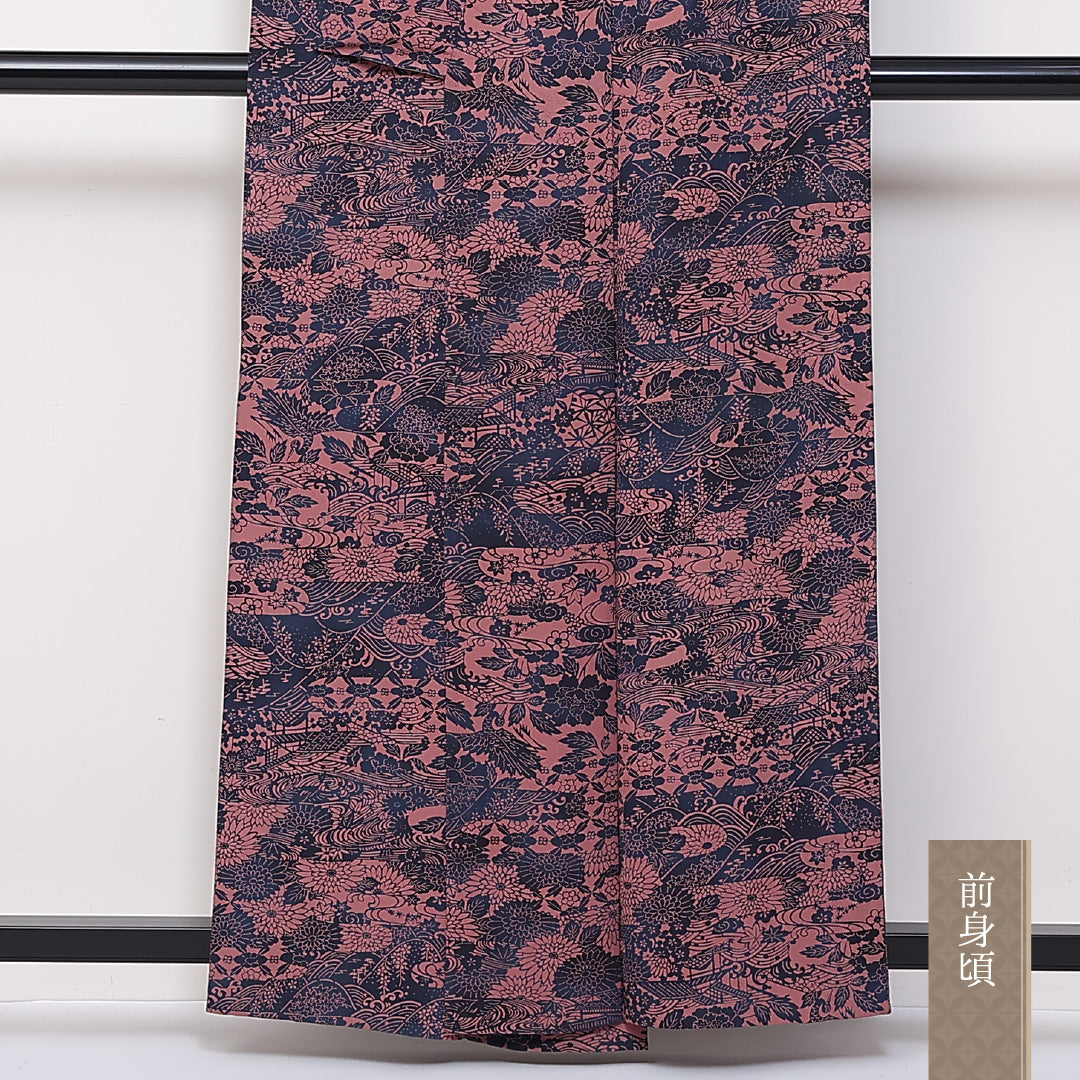 小紋 単衣 身丈160cm 裄65cm 正絹 阿波愛 藍染 作家物 紺系 ピンク系 落款 Aランク 1215-02429