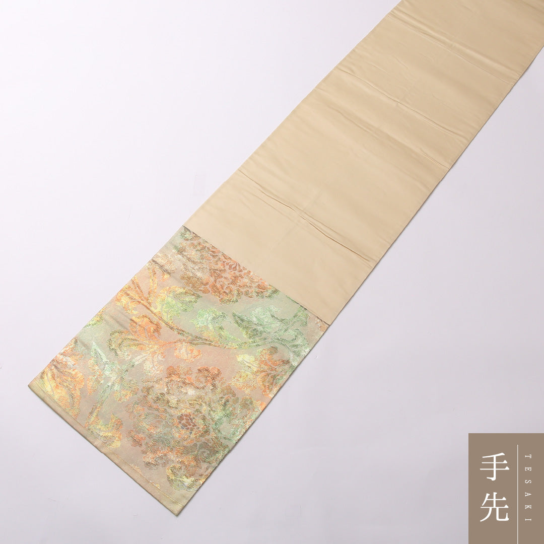 袋帯 帯丈418cm 正絹 六通 セミフォーマル 唐草華文 クリーム系 1243-01549