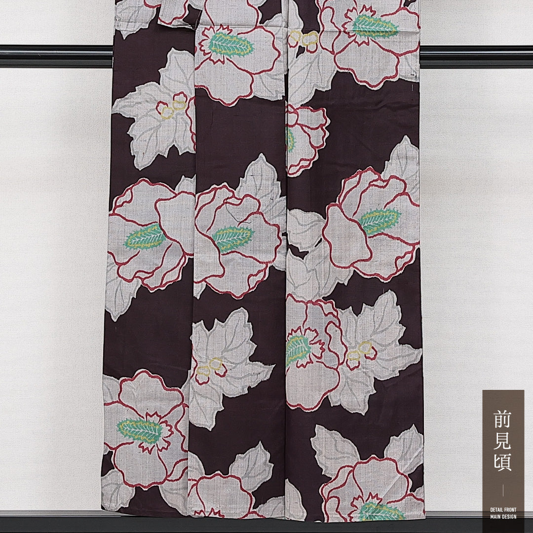 アンティーク 小紋 単衣 身丈150cm 裄丈61cm 正絹 Bランク バチ衿 Sサイズ 居敷当て 牡丹 茶系 RP 1221-14239