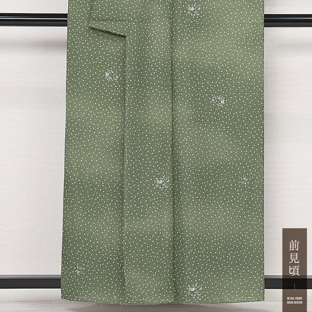 未使用品 洗える着物 小紋 袷 身丈157cm 裄丈64cm ポリエステル Nランク インフォーマル 広衿 Mサイズ しつけ糸 桜 緑系 RP 1221-13317