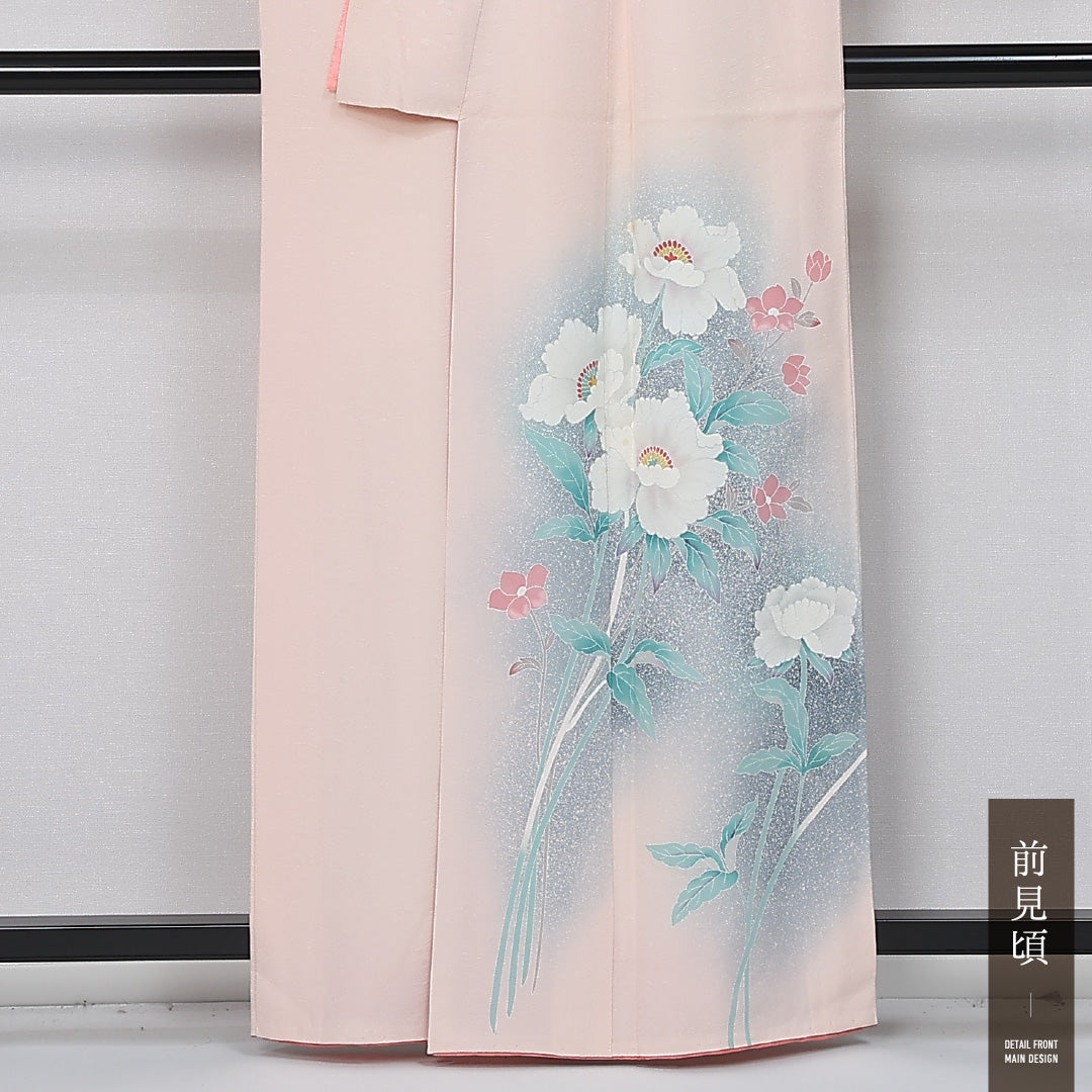 訪問着 身丈159cm 裄丈63.5cm Cランク M 正絹 袷 広衿 エレガント ぼかし 牡丹 花柄 セミフォーマル ピンク系 1212-12000