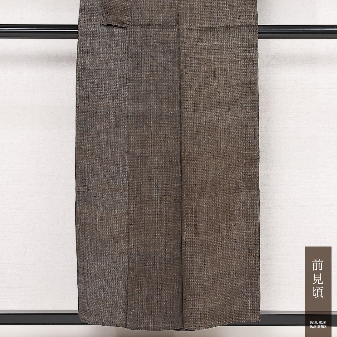 アンティーク 夏物 洗える着物 麻の紬 夏物 身丈153cm 裄丈59cm 麻 Cランク バチ衿 Sサイズ 無地 茶系 M4 1223-13364
