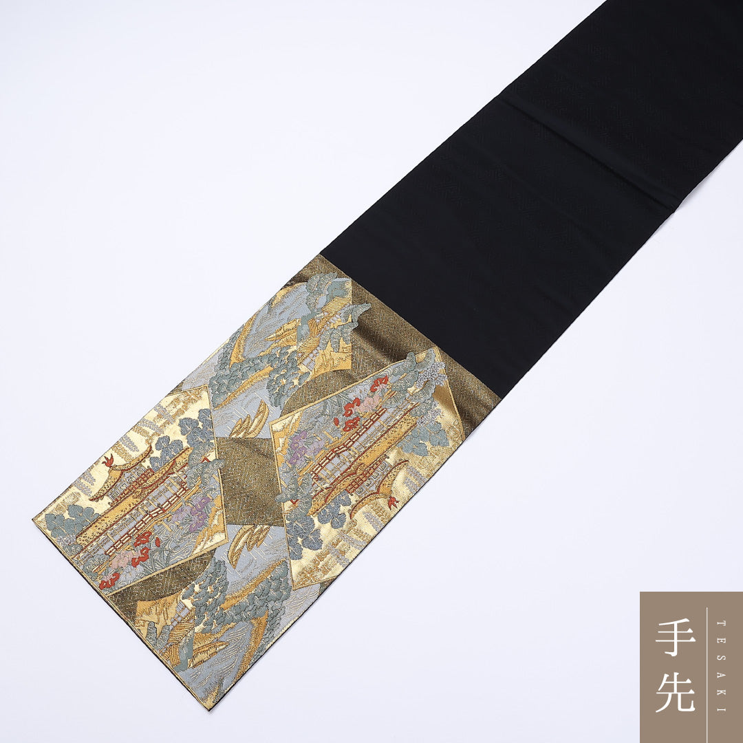 袋帯 帯丈436cm 六通 春日大社東西御廊 寺社仏閣 笠松 桜 紅葉 フォーマル 緑系 正絹 Sランク 1223-00957